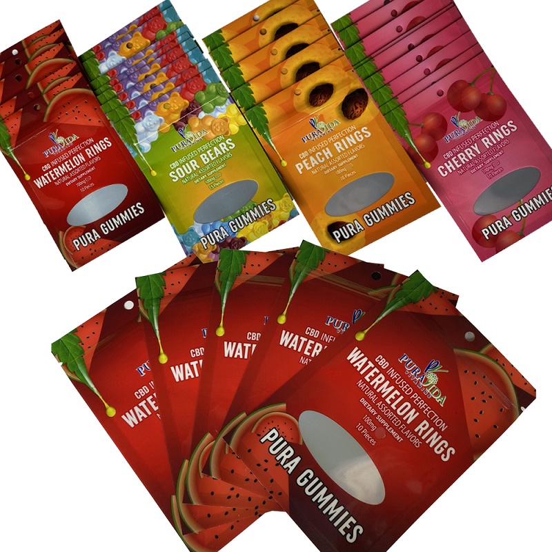

100mg Mylar Bag Pura Gummies Edibles Packaging Bags With Window Resealble Zipper Three Side Seal Smell Proof Plastic Pouch