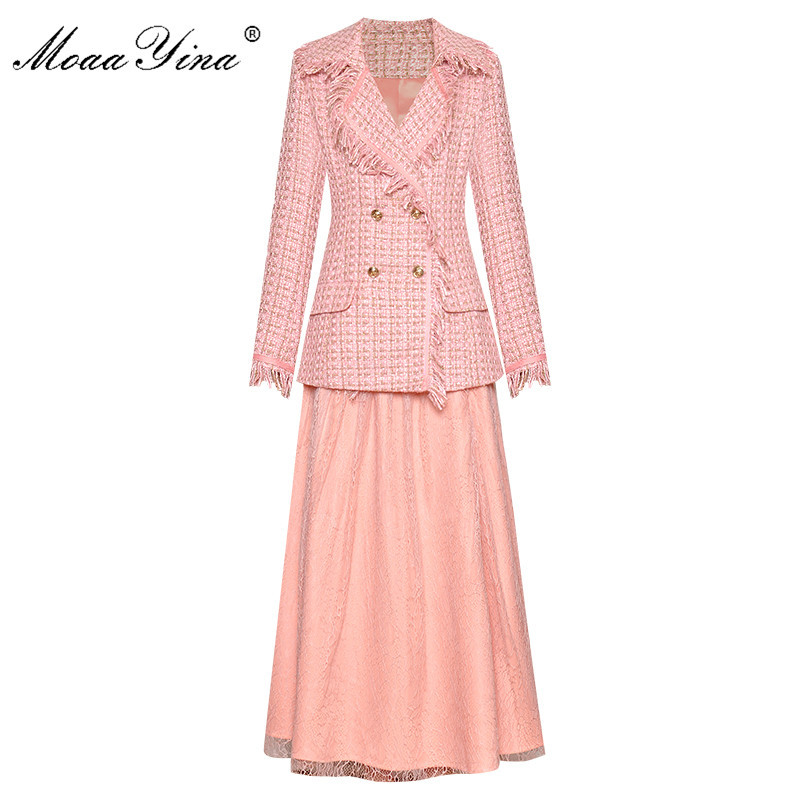 

Fashion Designer Suit Autumn Winter Women Long sleeve Woolen coat Tassel Tops+Mesh Skirt Two-piece set 210524, Pink