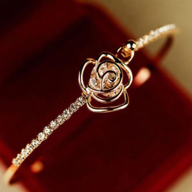 

Bangle Charm Crystal Inside Open Bangles For Women Hollow Flower Ball Beautiful Bracelet Rose Gold Silver Color, Black