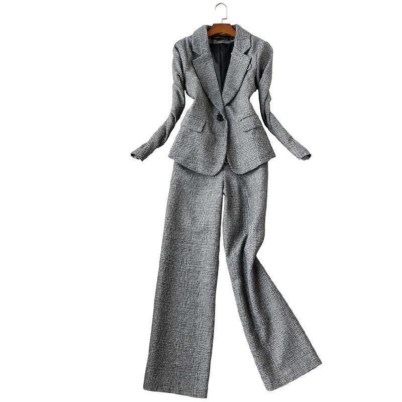 

winter professional women's suit pants set two-piece Slim-fit plaid ladies jacket small Office casual trousers 210527, Casual pants