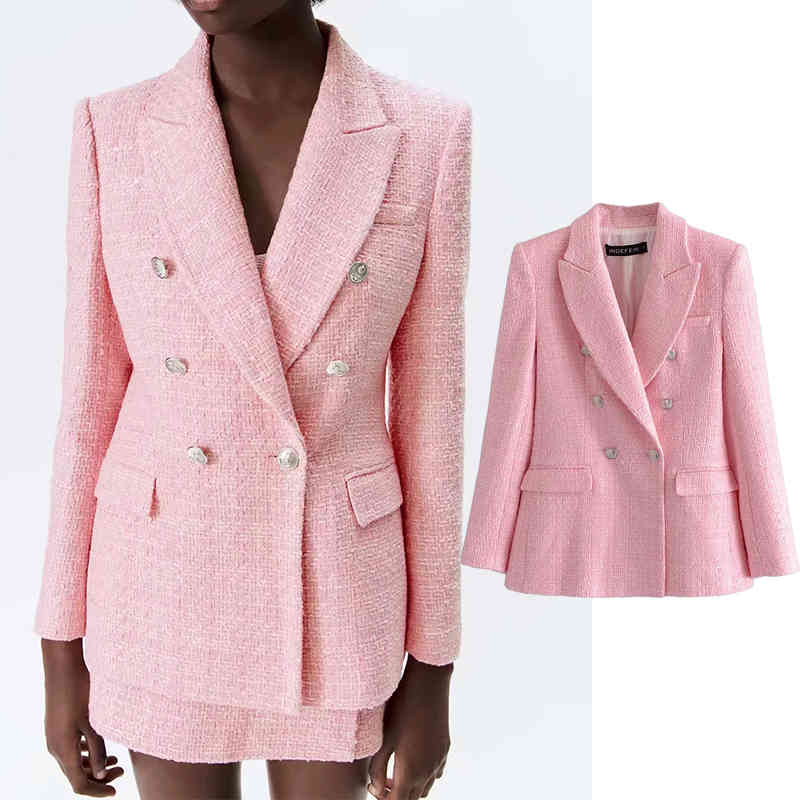 

Women's Down & Parkas 2021 Women Spring Autumn pink Texture Blazer Loose jacket Coat Turn-down Collar Double breasted Lady Streetw, Black