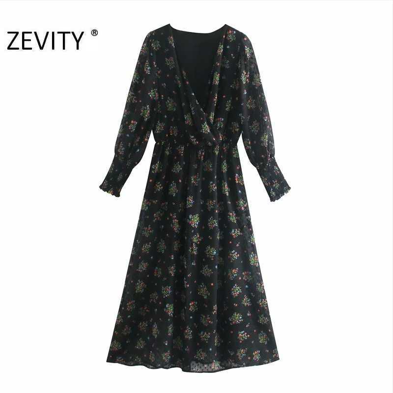 

Zevity Autumn Women Fashion V Neck Floral Print Office Chiffon Midi Dress Ladies Chic Long Sleeve Brand Party Vestido DS4540 210603, As pic ds4540o