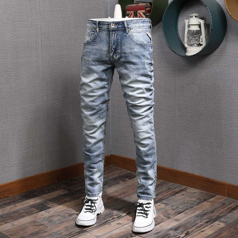 

Italian Style Fashion Men Jeans Retro Light Blue Elastic Cotton Ripped Denim Trousers Vintage Designer Casual Slim Long Pants