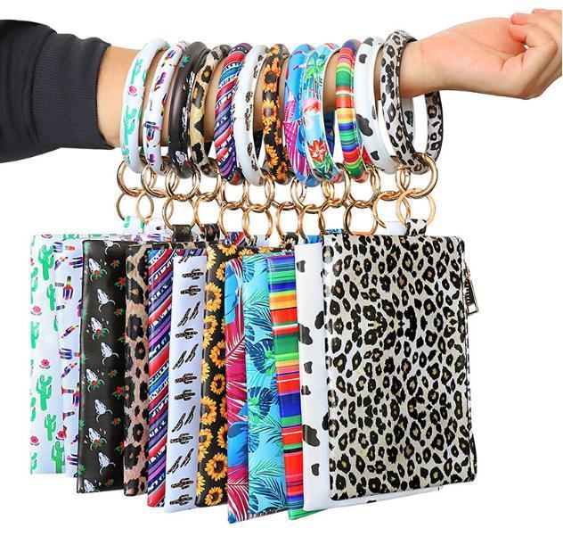 

Fashion Multi-purpose PU Leather Flower Leopard Printed Phone Wallet O Rings Women Wristlet Bracelets Key Chain Gifts VU61 60BZ