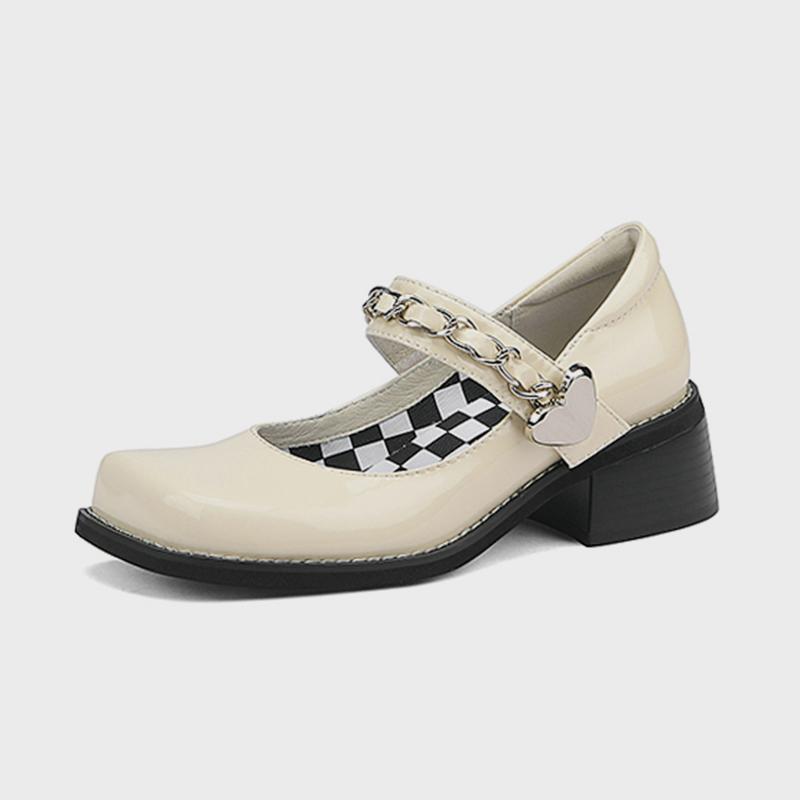 

Dress Shoes GUIDIBASIC Genuine Cow Leather 2022 Spring Retro Roman Chain Patent Square Toe Loafers For Women, Black