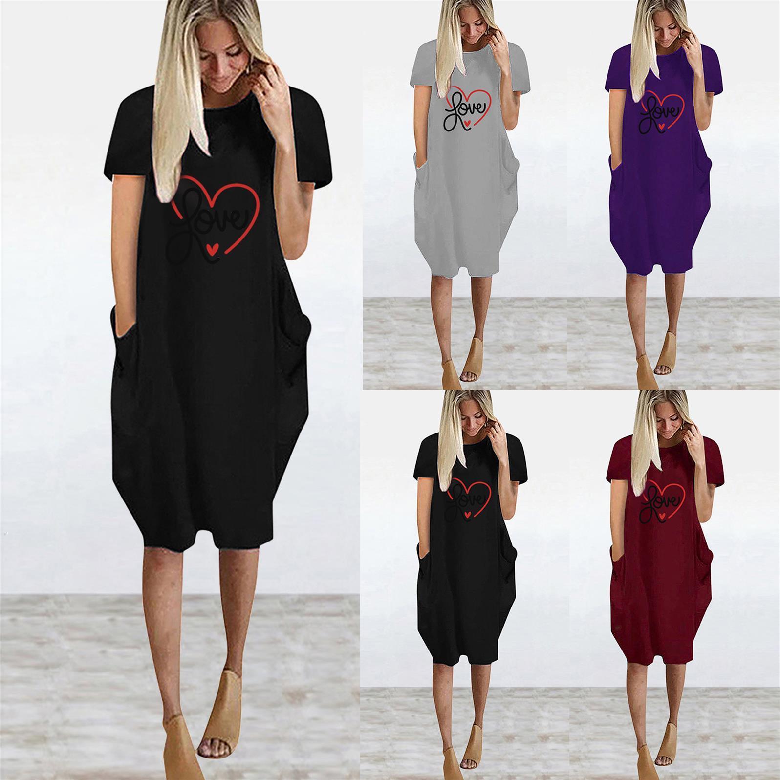 

fashion love printing short womens dresses sleeved casual loose round neck pocket, Black;gray