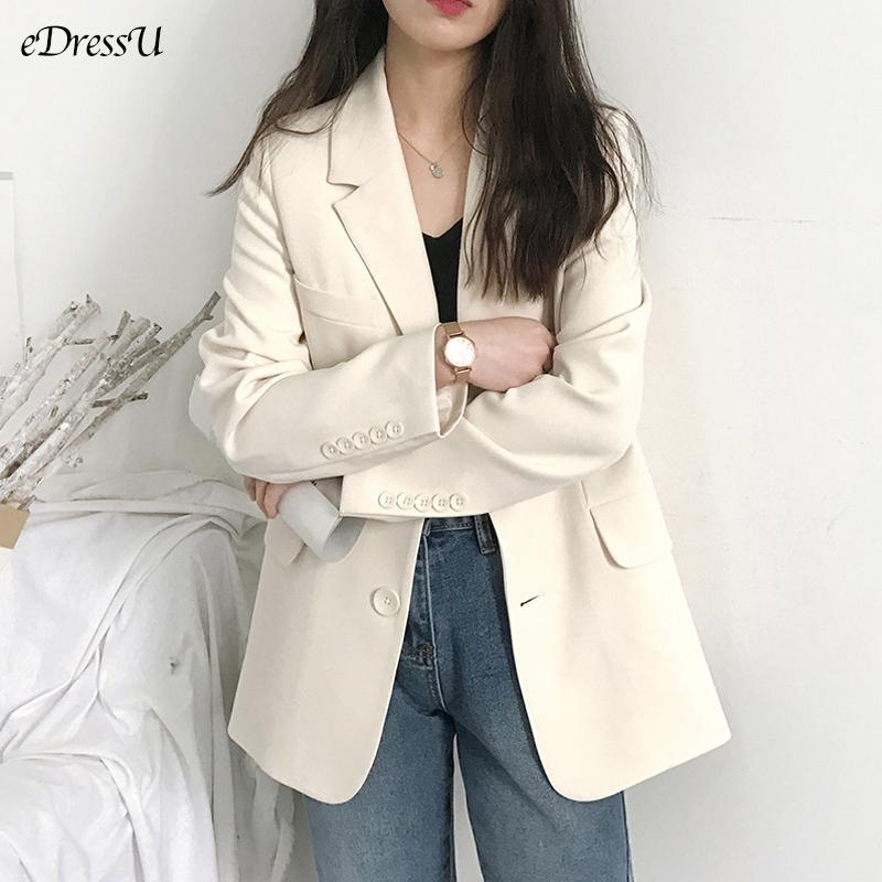 

EDressU Women Blazer Jacket Office Loose 2021 Spring Summer Korean Black Casual Suit Single Breasted Business Outwear ZX-11 Women' Suits, Style 2- ivory