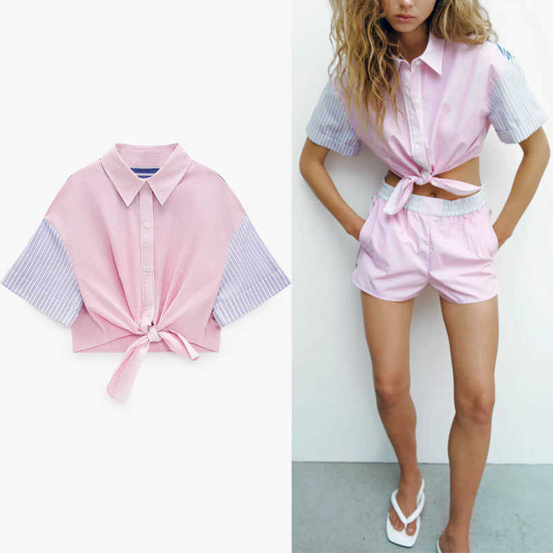 

Za Shirt Women Short Sleeve Cropped Pink Top Chic Knot Hem Striped Summer Blouse Woman Pleat Button Up Patchwork Shirts 210602