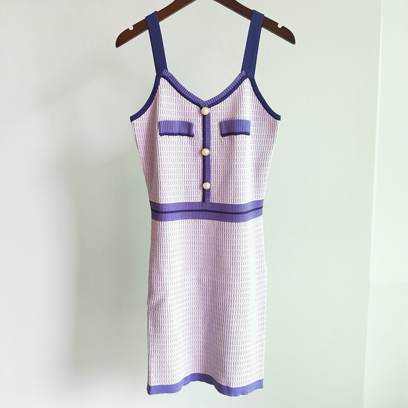 59% Off Factory Outlet Store summer suspender color contrast slim and age reducing knitted dress-image-710913925