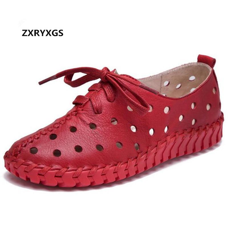 

Est Hand-stitched Soft Comfort Hollow Full Genuine Leather Shoes Summer Sneakers Women Sandals Flat Casual, Black