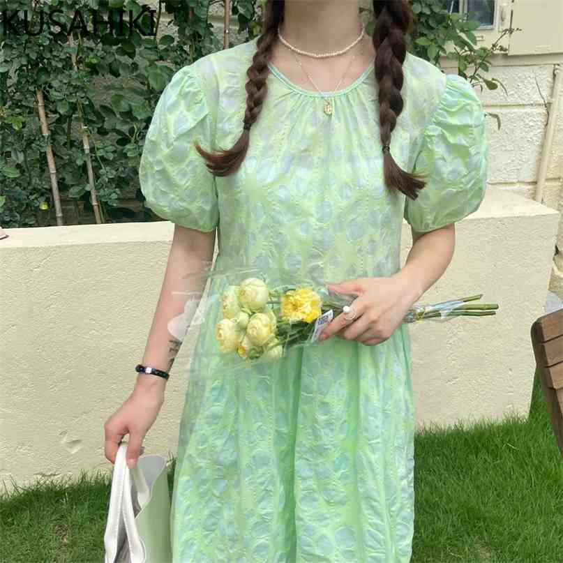 

Korean Floral Woman Dress Casual Sweet Puff Sleeve O-neck Dresses Summer High Waisted A-line Vestidos Mujer 6J179 210603, Green