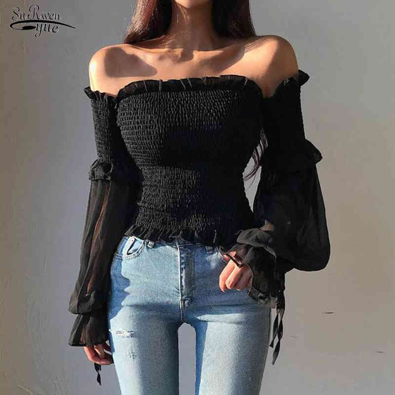 

Srping Casual Long Sleeve Slash Neck Sexy Corset Top Blouses Lace Office Ladies Tops Solid Chiffon Shirt Women 12813 210521, Black