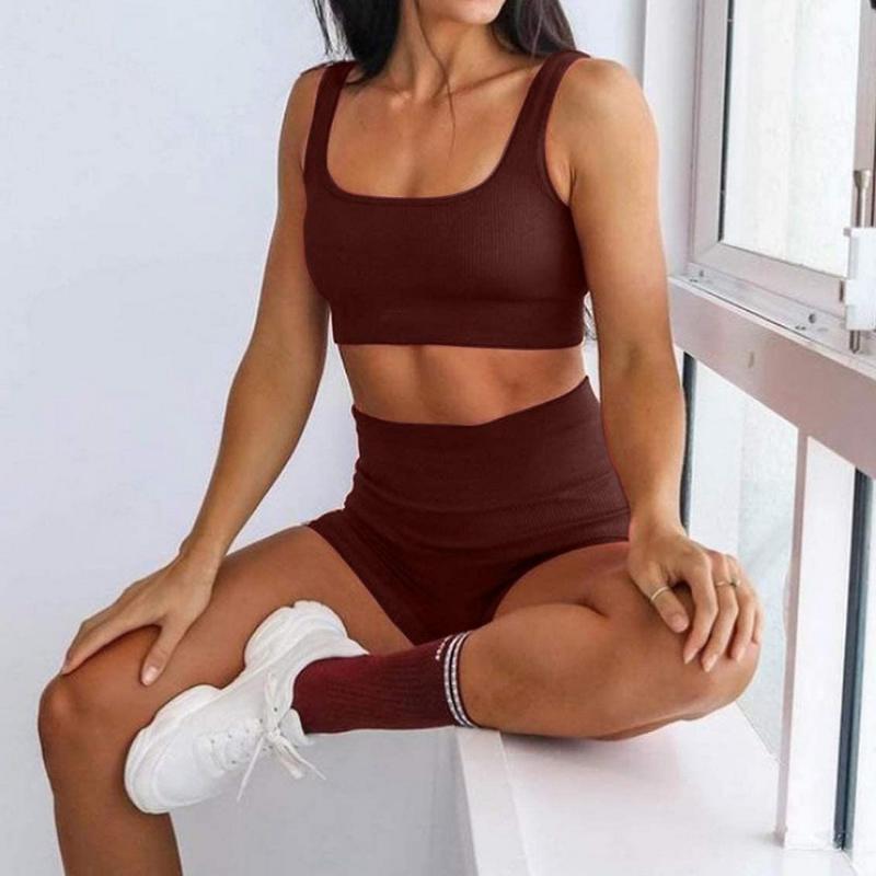 

Two-piece Set Ins Seamless Knitting Sexy Gym Sport Workout Running Sports Short Bra Yoga Suit Tracksuit Square Collar Fitness Women' Tracks, White