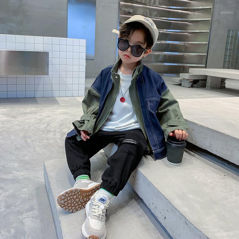 

Jackets Contrast Color Stitching Coat Kids Boy Autumn Zipped Denim Jacket Children Casual Clothes Outerwear Teens Tops 6 9 10 13 15y, Blue;gray