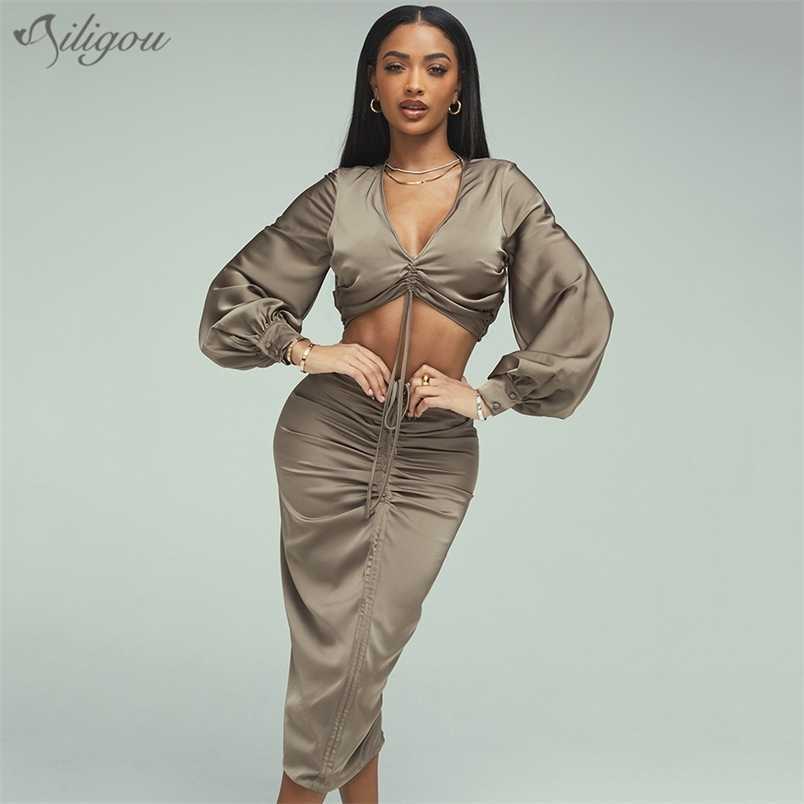 

Women'S Fashion Solid Color V-Neck 2 Two-Piece Long-Sleeved Tops And Skirts Sexy Celebrity Runway Party Set 210525, As photos