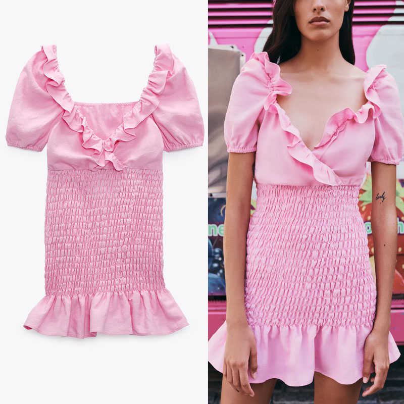 

Za Summer Linen Ruffle Mini Pink Dress Women Short Puff Sleeve V Neck Smocking Elastic Party Dresses Woman Chic Beach Dress 210602