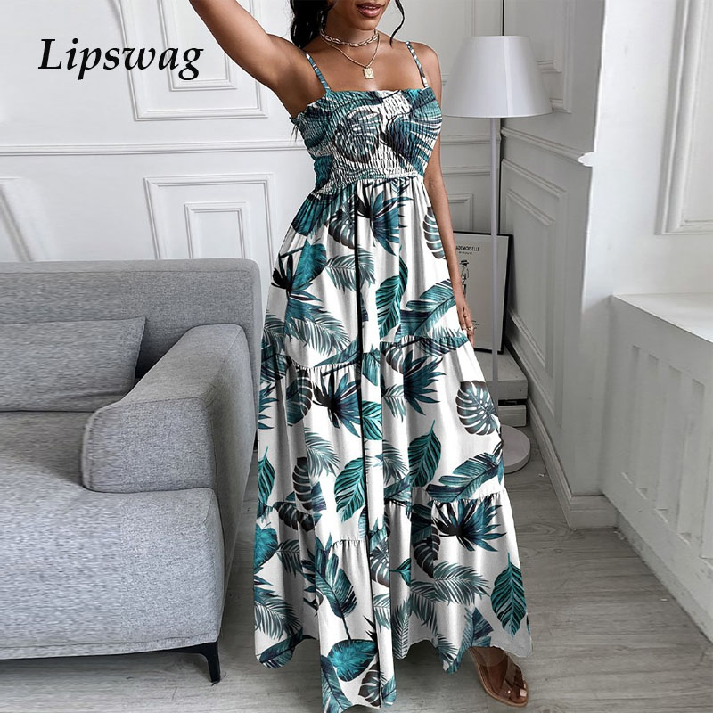 

2021 elegant lady sling pleated party dress women leaf printed maxi dress summer sleeveless boho beach long dress vestidoshigh quality, Black;gray