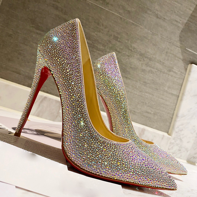 

Luxury Rhinestone Sparkling diamond Top Quality heels women Dress Shoe Genuine Leather high heel pointed toes Sexy Party Wedding With womens shoes, Black