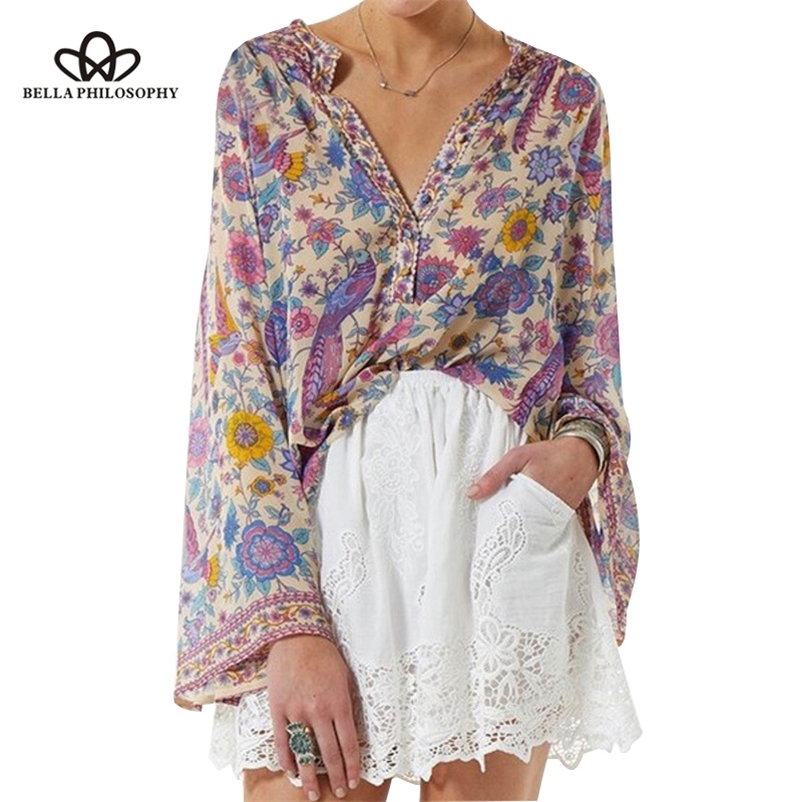

Boho Peacock Floral Print Blouse Shirt Women Flare Sleeve Loose Blouses Tops Casual Femme Blusas Mujer 210519, As picture