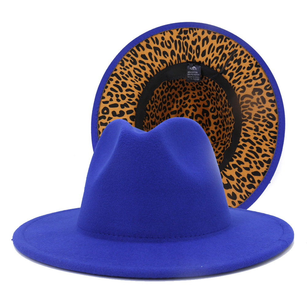 

Wholesale Blue with Leopard Bottom Jazz Gentle Men Women Party Music Black Hat Wide Brim Wool Two Tone Fedora Hat for Unisex, Outer blue