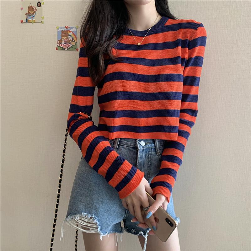 

Women's Sweaters High Waist Short Top Chic Design Sense Striped Long Sleeve T-shirt Spring And Autumn Clothing 2021, Apricot gray pieces