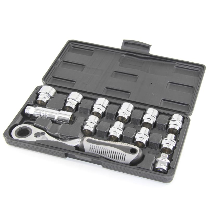 

Professional Hand Tool Sets 13Pcs 3/8in Dr. Go Through Sockets Drive Fits-All Pass-Thru Ratchet Handle Imperial Spline Mechanics Set