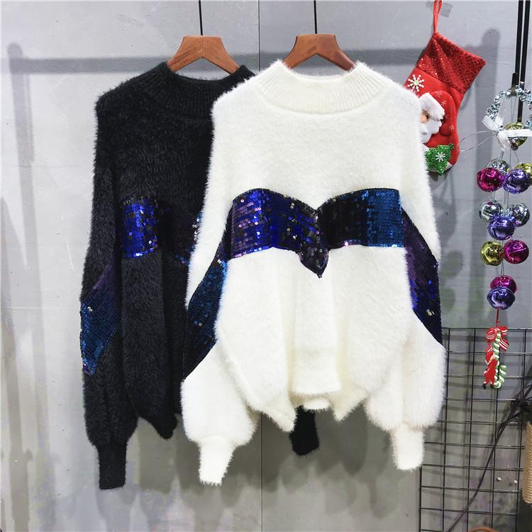

Women's Sweaters VANOVICH 2022 Autumn Preppy Style Mock Neck Sequin Patchwork Pullover Sweater Women Loose Knit Oversize Top, White;black