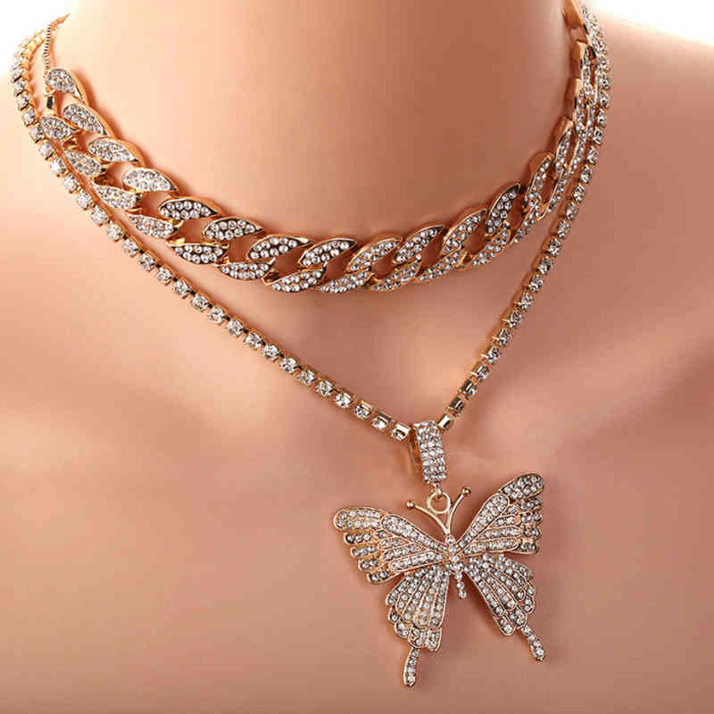 

Iced Out Cuban Link Chain Butterfly Necklace Set Ice Choker Necklace Women Blinged Chain Chocker Hip Hop Pendant Chain Jewelry X0509
