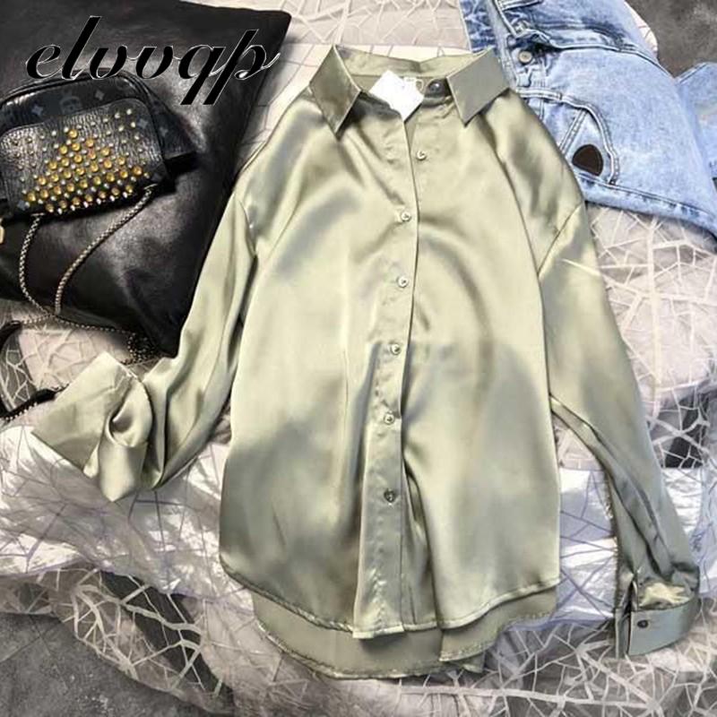 

New Spring Autumn Women Fashion Long Sleeves Satin Blouse Vintage Femme Oversized Street Shirts Elegant Imitation Silk Blouse, White