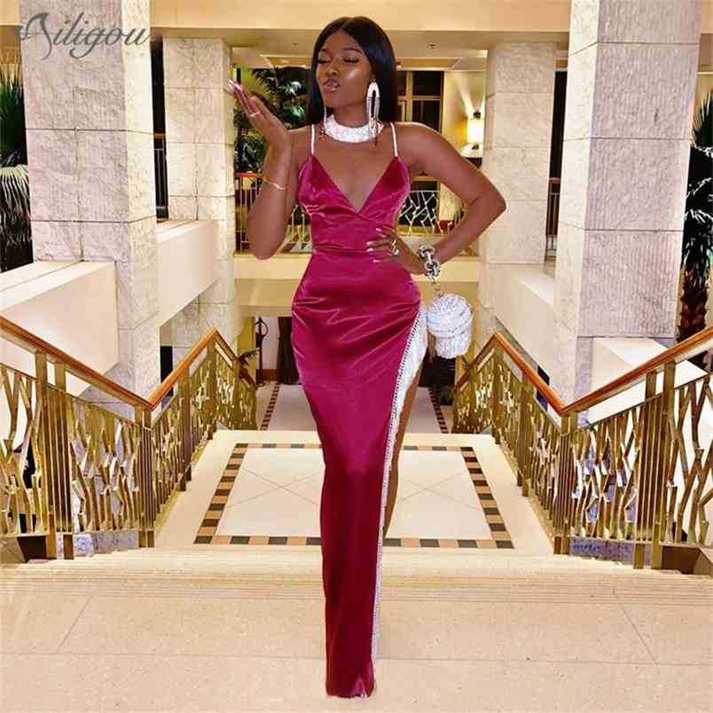 

Summer Women's Bandage Sleeveless Halter Fringe Rhinestones V-neck Skinny Long Sexy Party Dress Vestidos 210525, Fuchsia