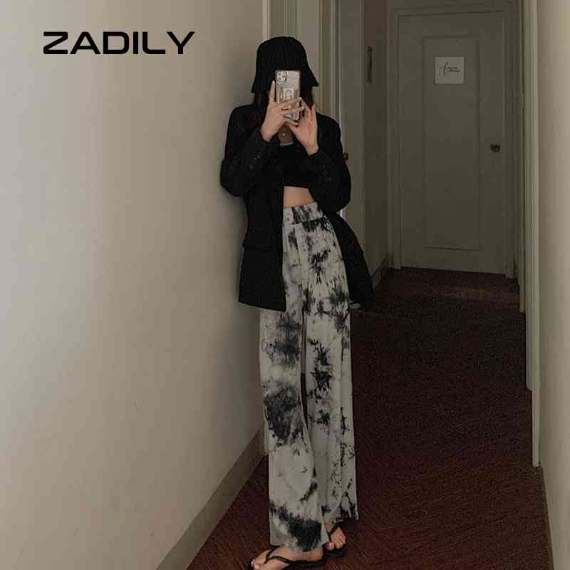 

ZADILY Y2K Street Sytle Elastic Waist Straight Pants Harajuku Tie dye Printing Cotton Women Long Pant Summer Trousers 210521
