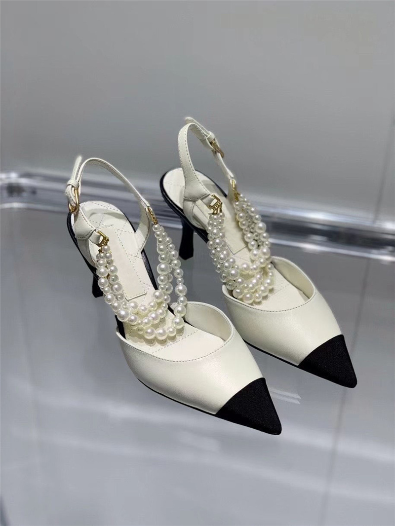 

2021Fashion Women's Slipper Baotou Sandals Female Spring Summer Autumn Thin Heel Beaded Shallow Mouth High Heels Party Shoe Pump, Black