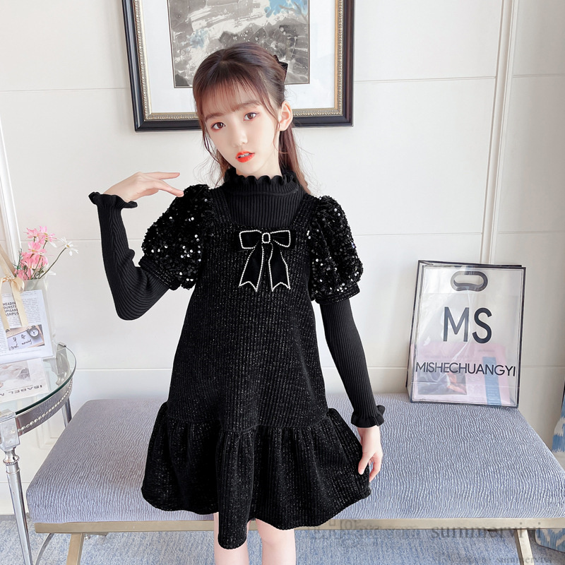 

Sweet girls princess clothing sets kids rhinestones Bows sequins puff sleeve dress+ruffle collar bottoming dresses 2pcs fall children outfits Q2809, Black