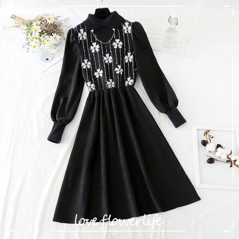 

Spring Splicing Knitted Women Dress Half high collar Print Long Sleeve Dresses A-line Vintage Black Dress Vestidos 210521, Beige