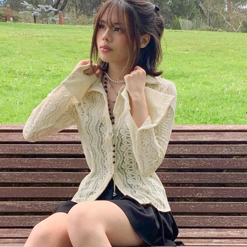 

Women' T-Shirt White Lace Sexy Mesh Cropped T Shirt Ladies Autumn Grunge Gothic Women See Through Long Sleeve Tee Shirts