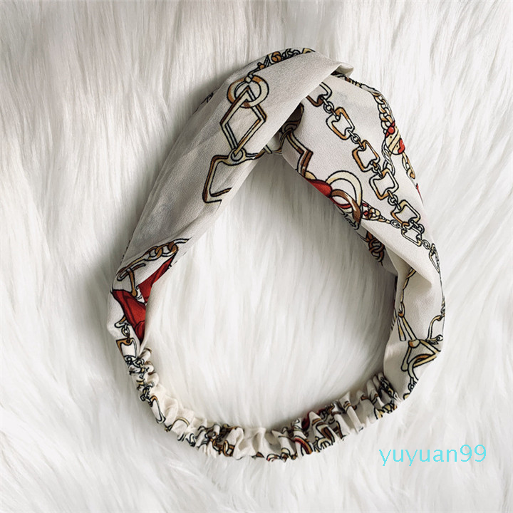 

Designer Cross Headband For Women Elastic Chain Printed Chiffon Hair Bands Girl Turban Head Wraps