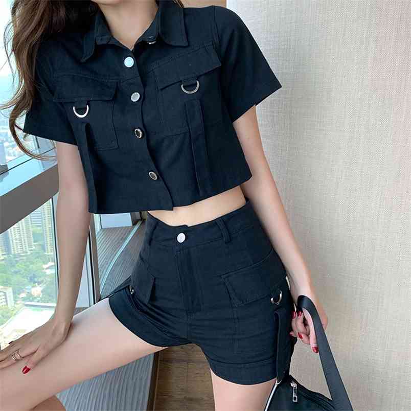 

2 Piece Set Summer Women Casual Fashion Solid Color Lapel Short Sleeve Blouse Tops + High Waist Shorts Female 210519, Photo color