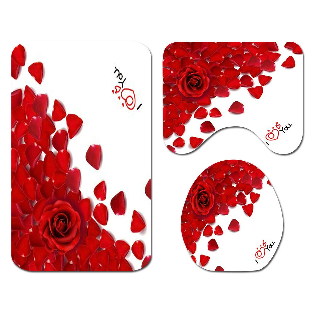 Toilet Mat 3 pcs/Set Rose Petals Printed Pattern Toilet Cover Foot Pad Non-slip Absorbent Bathroom Door Mat Bath Rug Carpet-image-689818387