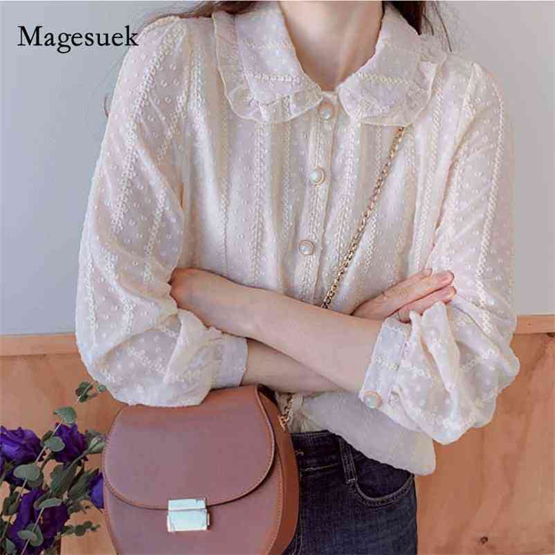 

Autumn Solid White Tops Fairy Office Lady Clothing with Button Blusas Chiffon Blouse Women Long Sleeve Shirt 10351 210518, Beige