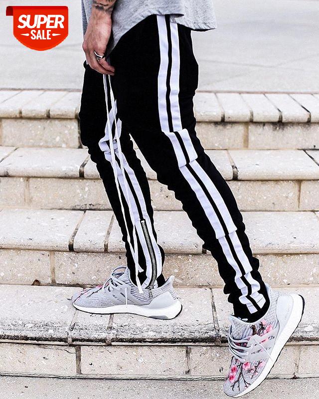 

INS with men's casual pants two bars side white hip-hop retro trousers zipper #WJ2S, Black