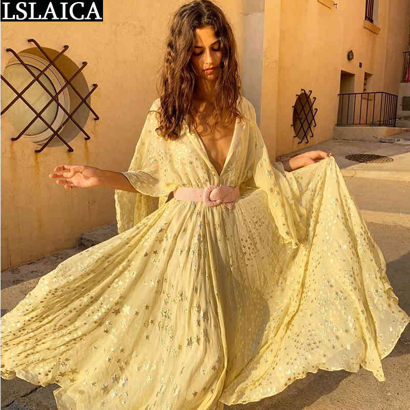 

Half Sleeve V-Neck Solid Long Dress Boho Pentagram Decorated Home Dresses Summer Casual Comfortable Breathable Holiday Sukienki 210520, Yellow