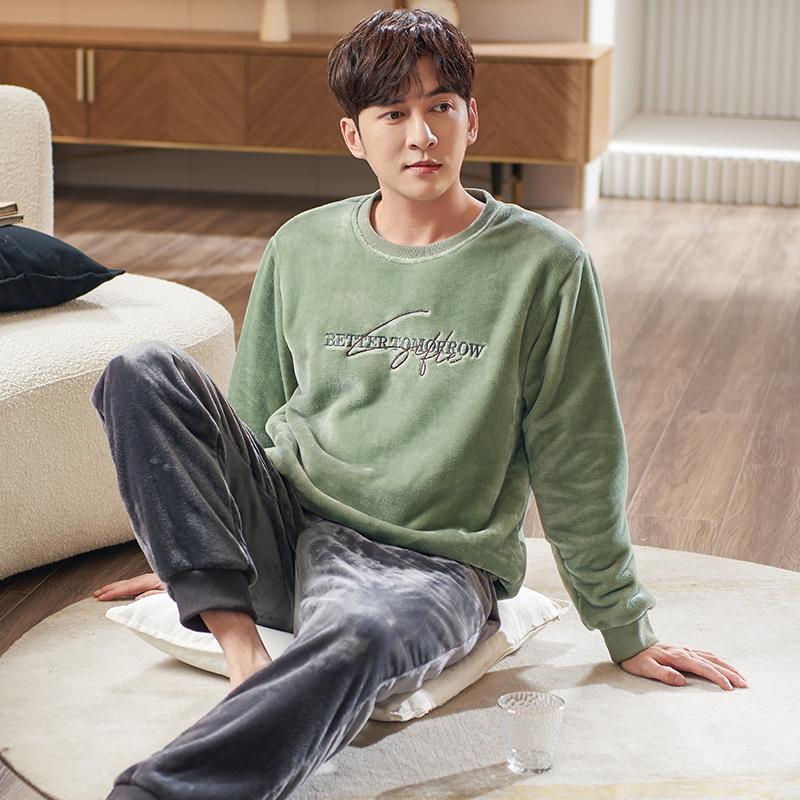 

Men's Sleepwear Pajamas Thick Warm Flannel Autumn Winter Pyjamas Male Homme Pijama Long-Sleeve O-Neck Pullover Lounge Sleep Set, Black;brown