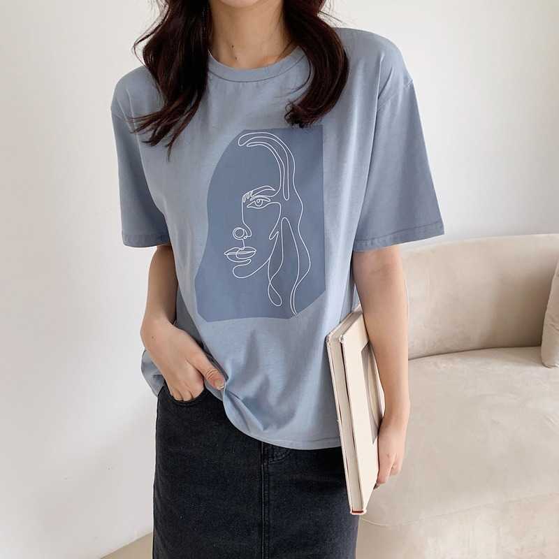 

Abstract Print T-shirt Female Short Sleeve Summer O-Neck Korean Women's Casual Tops Tees Harajuku 210607, Apricot