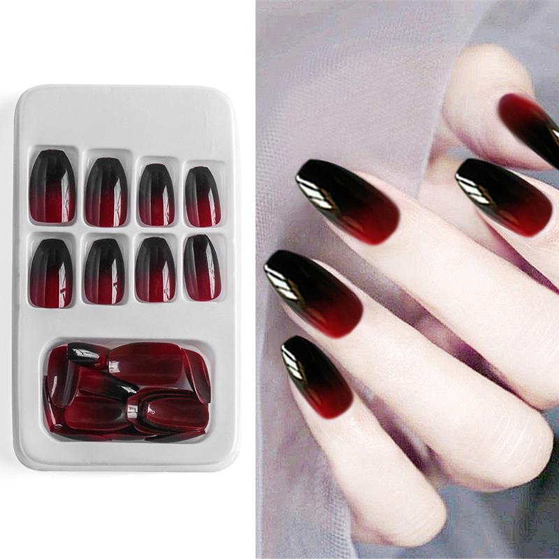 

False Nails 24pcs/Set European Long Coffin Fake Pre-design Black Red Gradient Ballerina Artificial Nail Art Tips With Glue, Red;gold