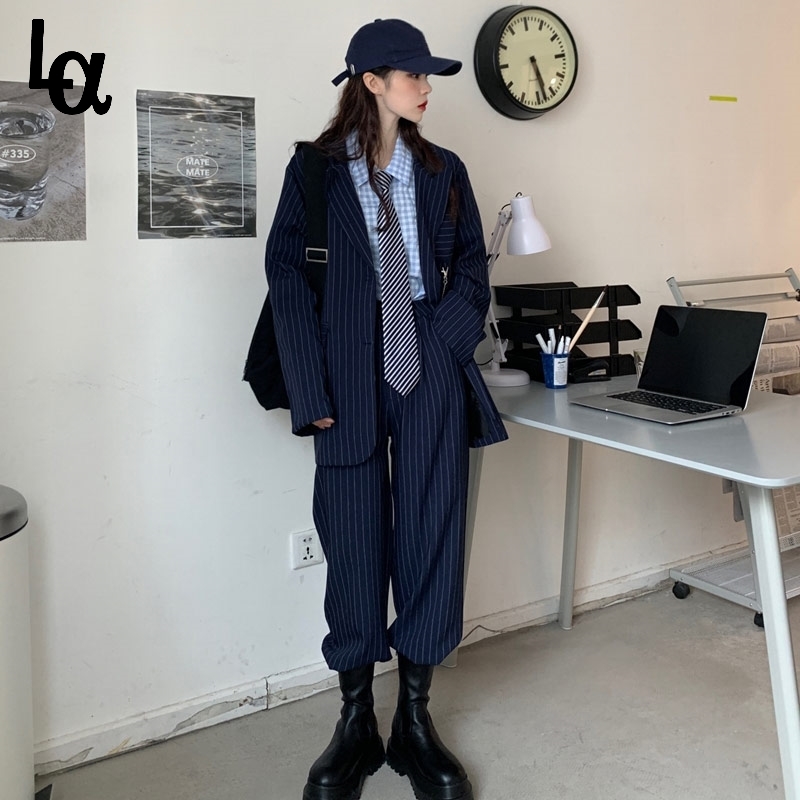 

Pants Suits For Women Striped 3 Pieces Set Vintage Loose Blazers+Hight Waist Long Pants+Casual Sleeve Shirts 210519, Only shirt