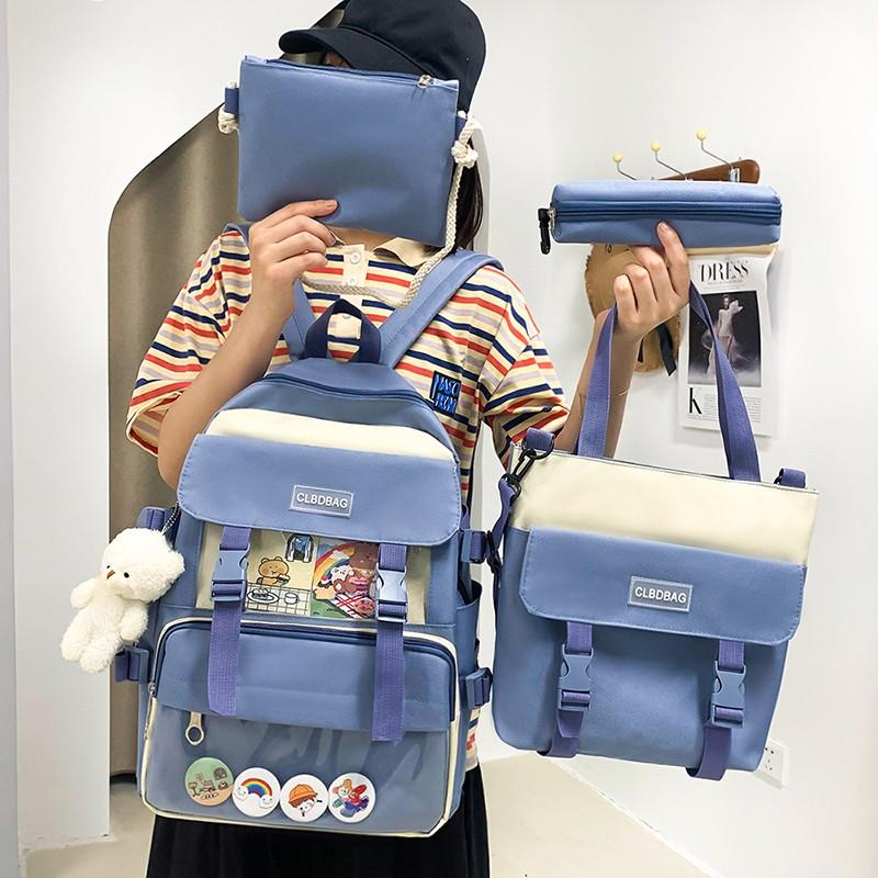 

School Bags 4pcs Canvas Student Bag For Teenager Girls Travel Backbag Kawaii Women Backpack And Pencil Case Set