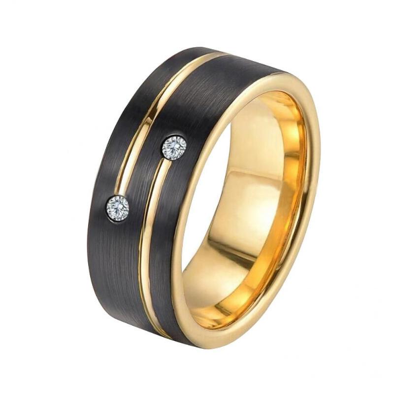 

Wedding Rings Men's Fashion Black Tungsten Carbide Ring Gold Plated Grooved Line Cubic Zirconia Band 8mm Jewelry