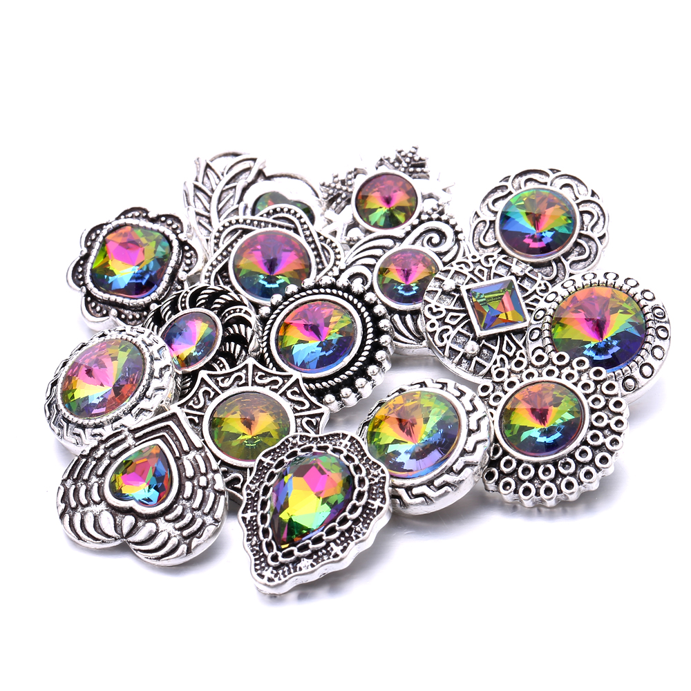 

Colorful Rainbow Crystal Vintage Silver Color Snap Button Charms Women Jewelry findings Bright Rhinestone 18mm Metal Snaps Buttons DIY Bracelet jewellery