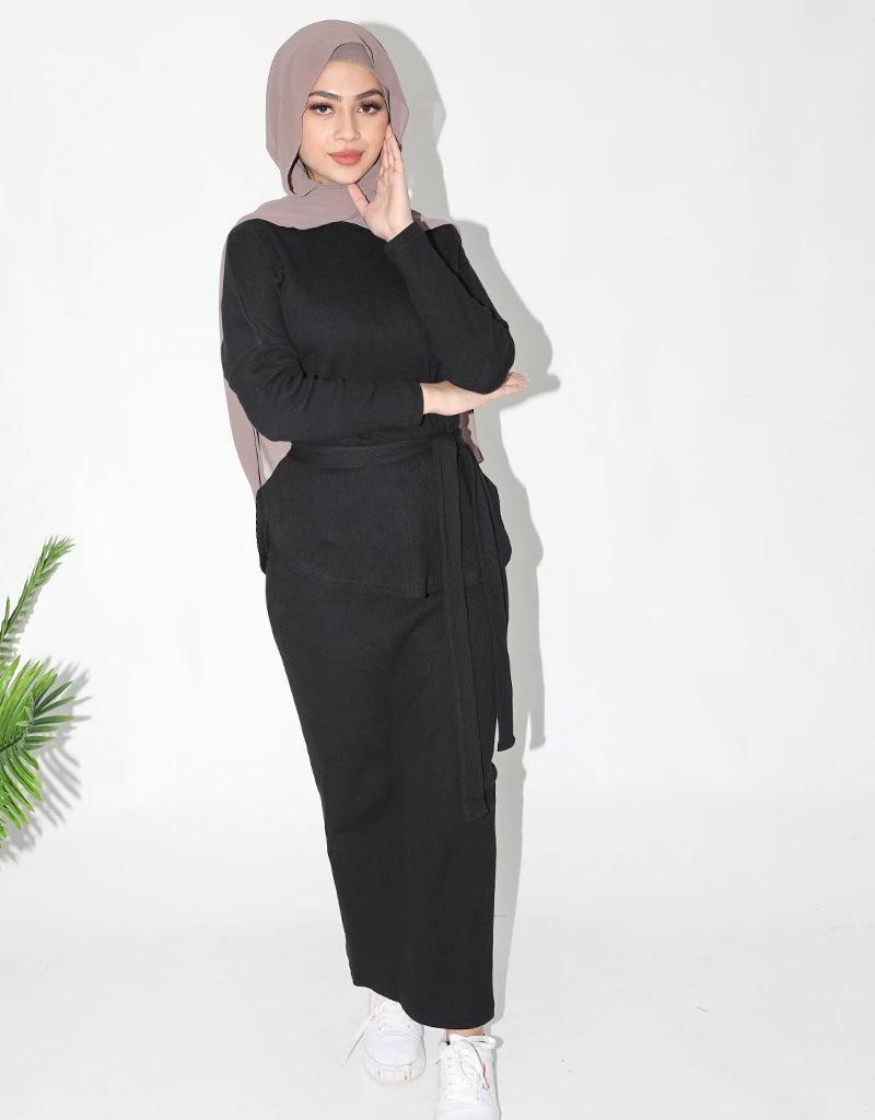

Ethnic Clothing Muslim Woman's Sets Musilim Fashion Autumn/winter Casual Solid-color Knitted Dress Set Abaya Dubai Turkey Belt Donsignet