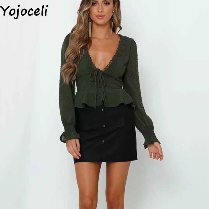 

Yojoceli Sexy chiffon ruffle blouse women Autumn elegant casual bach Cute cool party blusas female top 210609, Army green